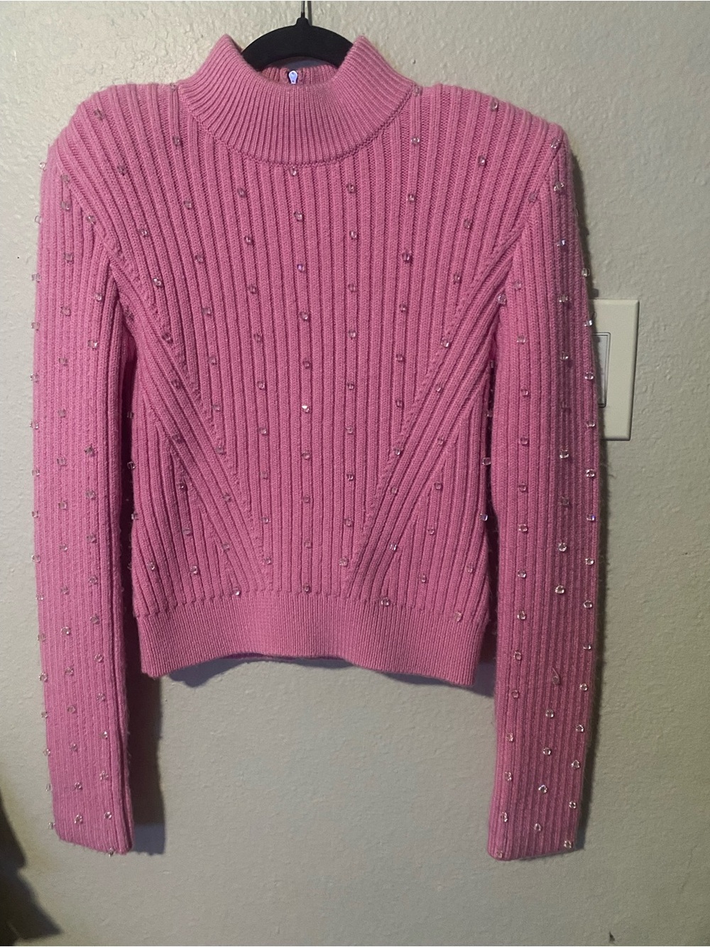 Pink Beaded Ribbed Mock Neck Sweater